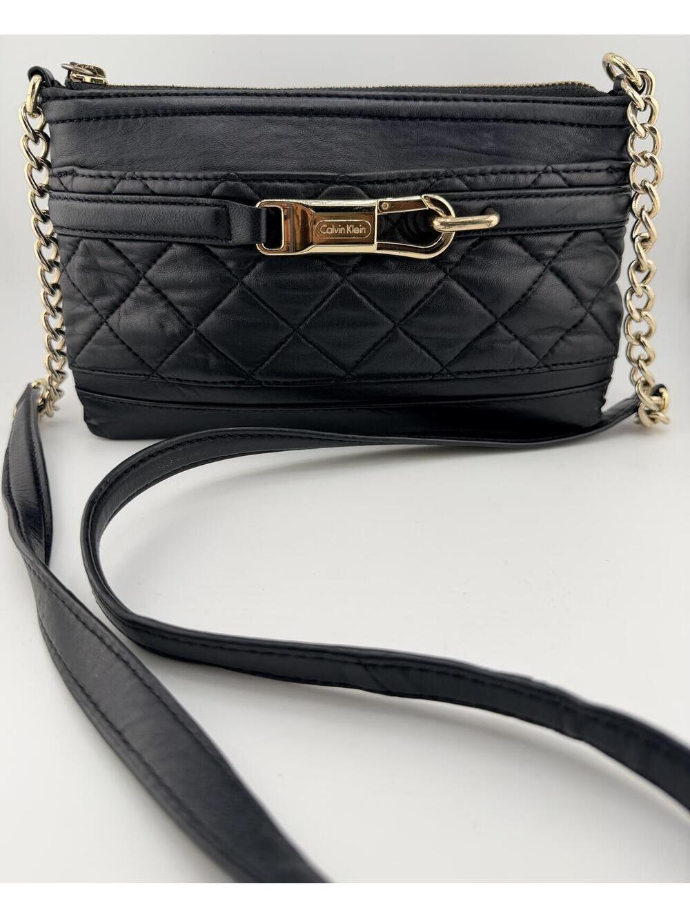 Calvin Klein Quilted Black Leather Crossbody Bag Gold Hardware